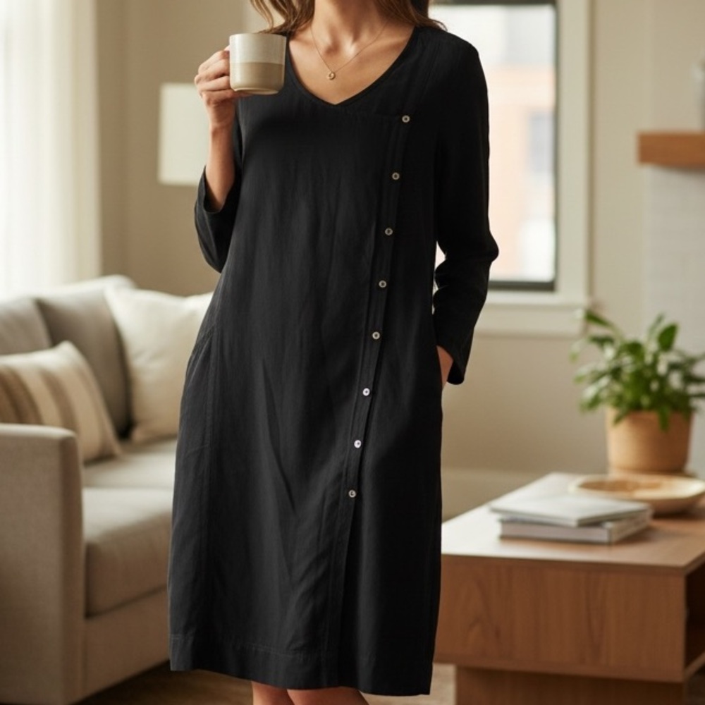 Poetry Black Lagenlook‎ Long Sleeve Asymmetrical Button Front Silk Linen Dress